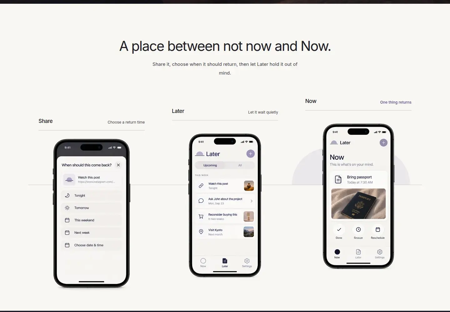Three Later app screens showing the share, wait, and return sequence