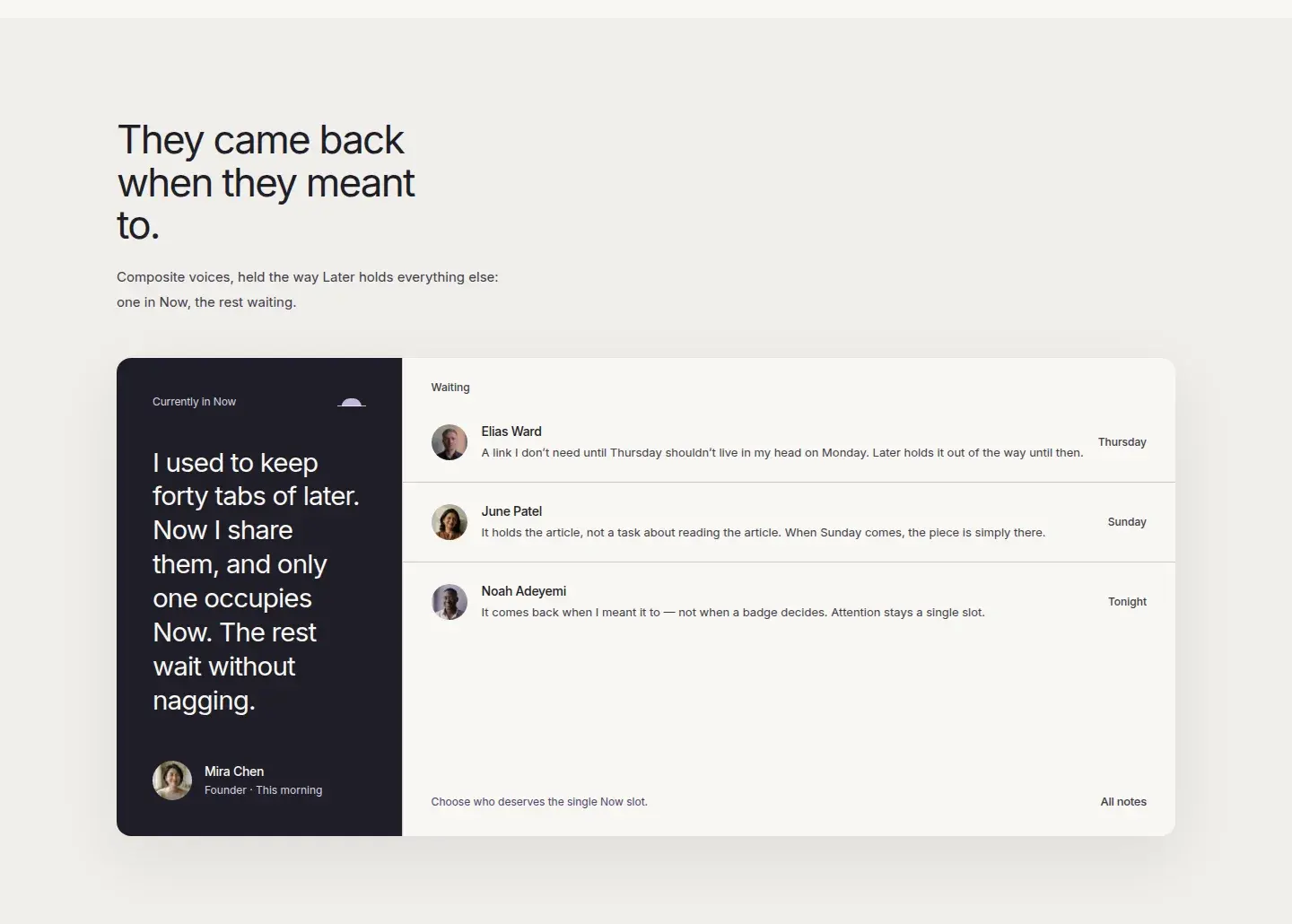 Later notes interface with one item in Now and the rest waiting